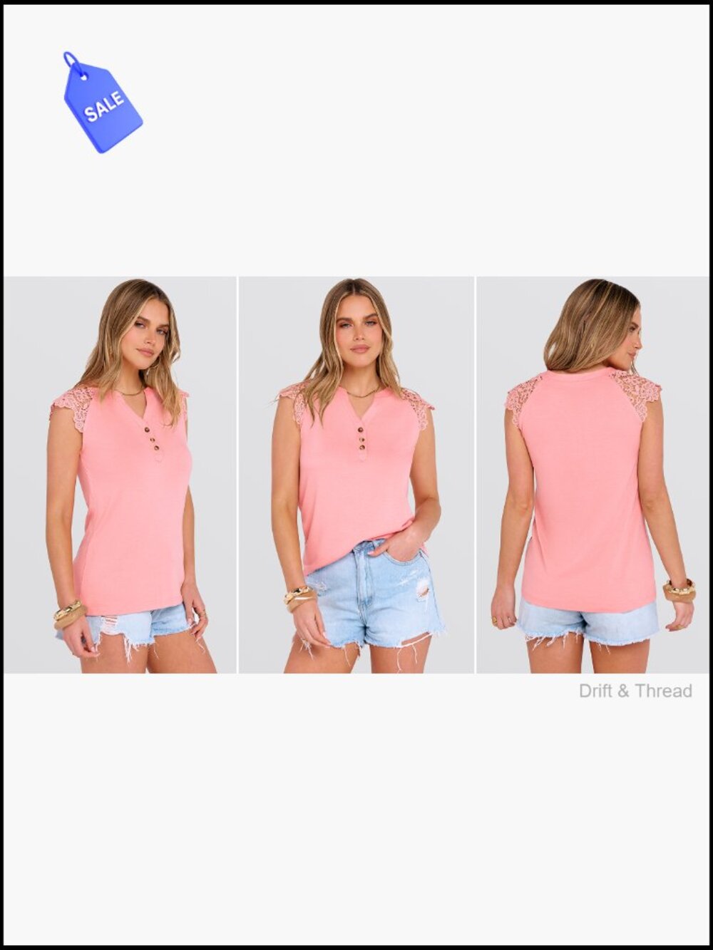 Sleeveless Lace Henley Top with Button Down Front for Office Travel - Picture 7 of 7